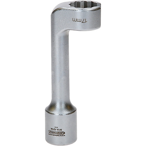 Silberfarbener, abgewinkelter Maulschlüssel mit der Aufschrift 17mm. Der untere Teil ist breiter und trägt eine weitere Beschriftung.